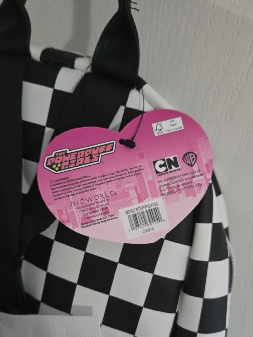 Kids Black & White Checkerboard Backpack with Pink, Red & Yellow Powerpuff Girls